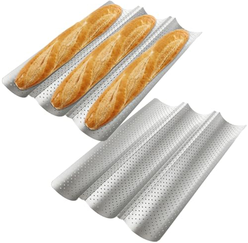 LDXDRU Paquete de 2 bandejas para hornear baguette de 15 pulgadas, sartén de acero al carbono, molde cocina perforado para hornear pan francés para 3 baguettes