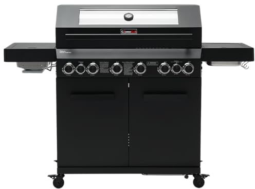 CosmoGrill 8 Burner Platinum Yamara Dark 6+2 Gas BBQ, Viewing Glass, 4 Main Burners, 1 Ceramic Sear Burner, 1 Back Burner, Cast Iron Grills & Bamboo Storage (Black with Cover)