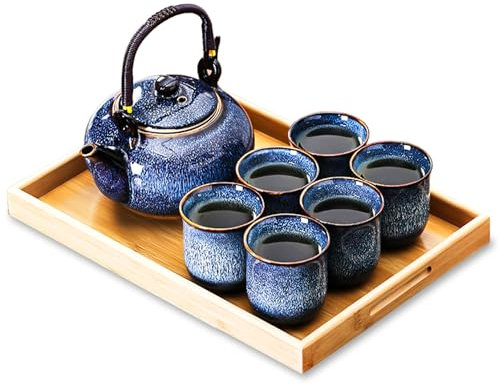 Xnqelerate Tee Set Chinesische Teeservice aus Keramik, teapot and Cup Set with Wooden Tray, 800ml Teekanne und 6 Tasse 130ml Kungfu Tee Services, Asiatische Teekanne, Geschenk für Teeliebhaber, Blau