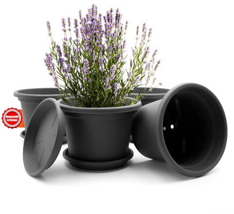 BigDean 4X Blumentopf mit Untersetzer rund ø 25 cm Anthrazit wetterfest | wetterfester Pflanzkübel Made in Europe