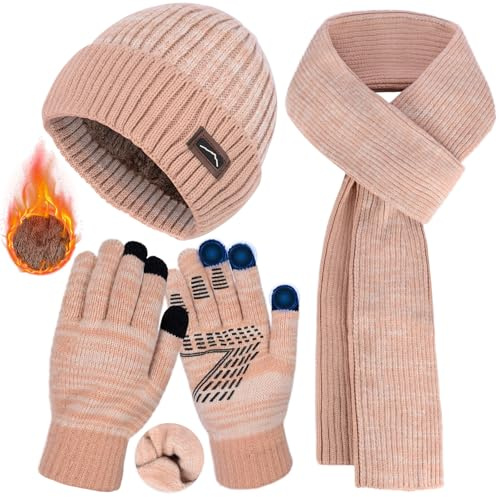 Schal Beanie Mütze Damen Herren Touchscreen Handschuhe Winter Set - 3 in 1 Wintermütze Thermo Handschuhe Schal Fleece Gefütterte Warm Strickmütze Lang Schal Winterhandschuhe Geschenk (Rosa)