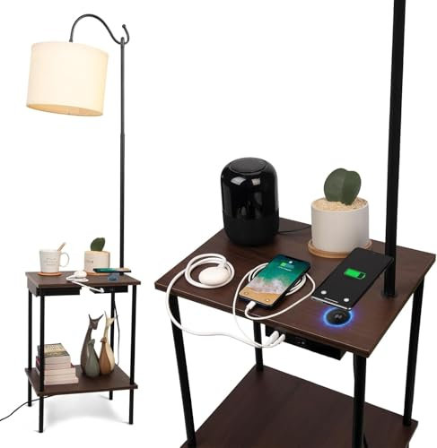 JCPYIUL Lampadaire LED sur Pied avec Table, Lampe sur Pied Chambre avec Ports USB, Lampadaire en Bois avec Abat-jour en Lin Beige pour Salon, pour Chambre à Coucher, Salon, Bureau