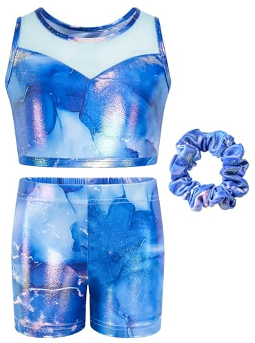 JiAmy Justaucorps de gymnastique deux pièces pour fille – Biketard de danse scintillant sans manches avec short – Tenue de ballet et culbutage pour 3 à 12 ans, bleu, 9-10 ans
