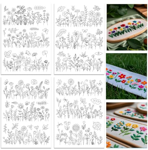 ORIGACH 4 Blatt Blühenden Sträuchern Stickvorlagen Wasserlöslich | Selbstklebend Wasserlöslich Stickvlies, Wasserlöslicher Stabilisator für Handstickerei, DIY Projekte, Stichübungen