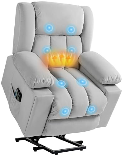 HOMCOM Power Lift Recliner Chair with Vibration Massage and Heat, Electric Lift Chair for Elderly, Overstuffed Fabric Riser and Reclining Armchair with USB Ports, Cup Holders, Light Grey