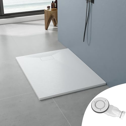 AQUABATOS SMC Duschwanne 120x80 cm Weiß Eckig Quadratisch Duschtasse Duschbecken Brausewanne Brausetasse Rutschfest Bodengleich Ebenerdig Steinoptik Schieferoptik mit Siphon/Ablaufgarnitur