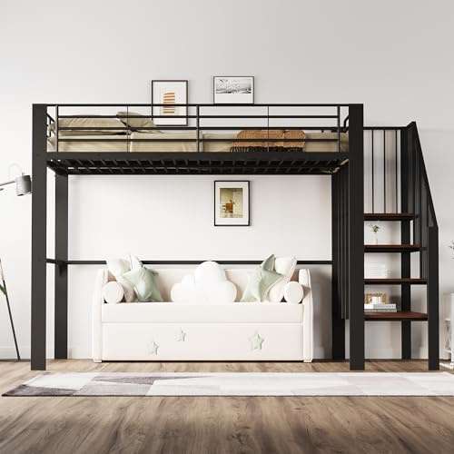 Dolamaní Hochbett 140 x 200 cm für Kinder und Erwachsene, mit geräumigem Stauraum unter dem Bett und Treppe Ideal (Schwarz B)