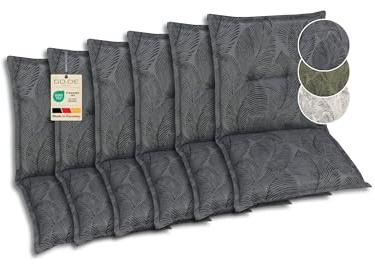 GO-DE Textil Bequeme und attraktive Polsterauflagen für Niederlehner-Gartenstühle (6er-Set, Blattmotiv groß anthrazit, Niederlehner)