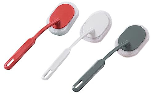 SECFOU Long Handle Sponge Cleaning Brush Set 3pcs, Decontamination and Washing Tool for Bathroom, Bathtub, Tiles, Includes Light Grey, Dark Red, Cream Sponge Heads, Household Cleaning Aid