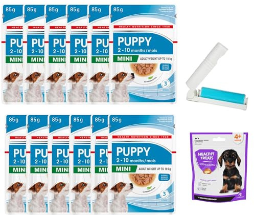 Wet Dog Food Bundle with Mini Puppy in Gravy 12x85 gram and Healthy Calming Treats 1x50 gram plus UbiPet Lint Roller