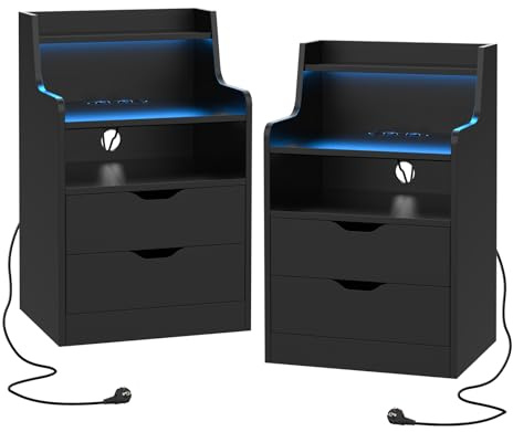 EXSELTMAN Nachtschrank 2er Set, Nachttisch mit Steckdose, Nachttisch weiß 2er Set, Nachtschrank mit Led, offenen Ablagen und Schublade, nachtschrank schwarz, Sofatisch Beistelltisch 45x35x72.5cm