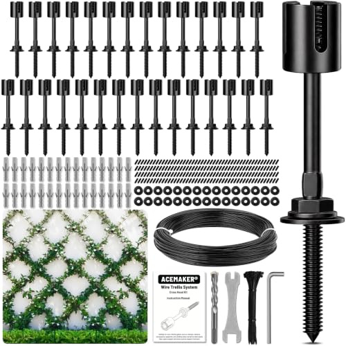 Acemaker Treillis métallique pour plantes grimpantes d'extérieur, kit de treillis mural en acier inoxydable T316 noir (30 moyeux + câble de 45,7 m)