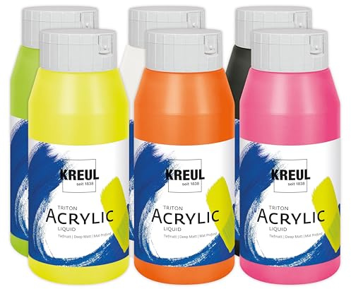 KREUL 35604-17999 Triton Acrylic Liquid Set Neon Colors 6 x 750 ml, Hochwertige Künstler-Acrylfarben in Studienqualität mit leicht fließendem Charakter, zum Mischen geeignet