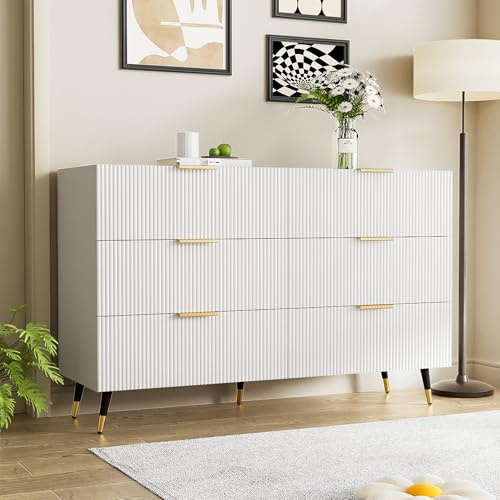FammyLoft Chest of Drawers, Sideboard for Living Room, Wooden Storage Cabinet with Wave Design for Living Room, Entryway, Hallway, 120 x 40 x 77 cm, Chest of Drawers, White