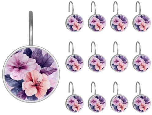 Lot de 12 crochets ronds décoratifs pour rideau de douche, élégants, fleurs roses et violettes, antirouille pour tringles de douche et doublure