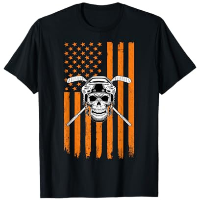 Hockey Player Men Women Skull Hockey Player American Flag T-Shirt