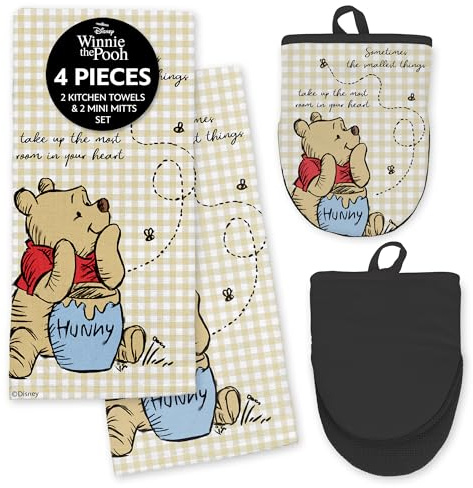 Disney Kitchen Towels & Oven Mitts Set – 4 Piece Bundle with 2 Cotton Dish Towels/Hand Towels & 2 Heat Resistant Mini Oven Mitts (Pot Holders) – Mickey, Stitch & Pooh (Winnie The Pooh)