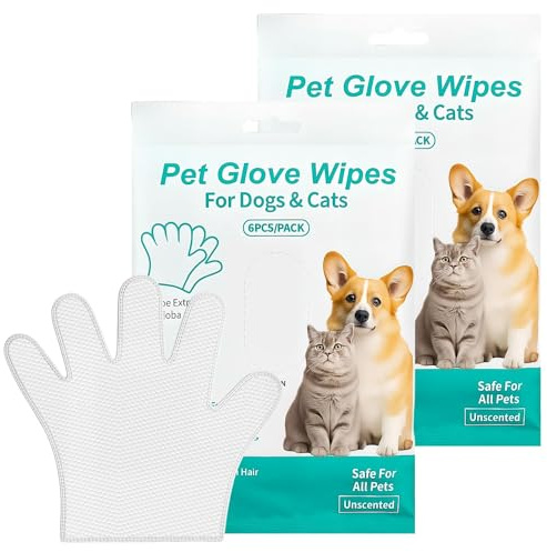 Ridwiwa 12 Pcs Pet Wipes for Dogs and Cats ，Cleaning Gloves Waterless Grooming Wipes for Fur Face Ears Paws and No Rinse Deodorizing Dog Wipes and Cat Wipes for Daily Care and Travel
