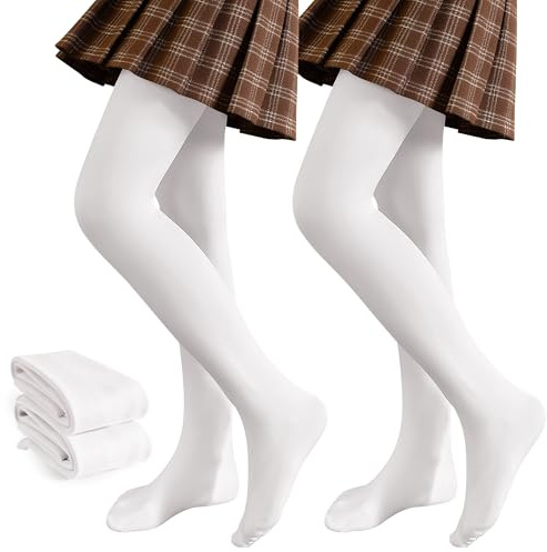 JinBei Collants Thermique Fille, Collant Opaques Chaud Polaire Extensible Taille Haute Enfant Leggings avec Pieds Confortable Lot de 2 Blanc pour Ballet Sport École, 8-10 ans