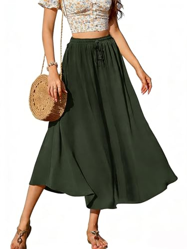 Koerye Maxi Gonna Lunga Donna Elegante Elastico Vita A-Linea Gonna Pieghettato Retro Abiti da Spiaggia Lunga Casual a Trapezio Gonne Verde,M
