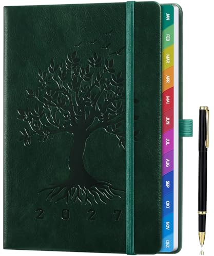 Kalender 2027 A5 Buchkalender 1 Woche 2 Seiten, Deutsch - Dunkelgrün | Wochenplaner 2027 mit Monatsregister, Terminplaner Jan–Dez 2027, mit Notizseiten & Tasche, für Büro, Schule & Familie
