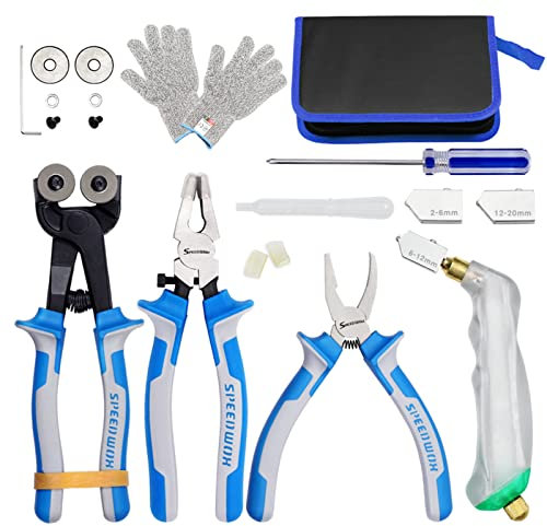 SPEEDWOX 20PCS Heavy Duty Mosaic Wheeled Glass Nippers with Replacement Cutting Wheel Glass Running Pliers Breaker Grozer Pliers Oil Feed Glass Cutter Set Cut Resistant Gloves Leather Zipper Bag
