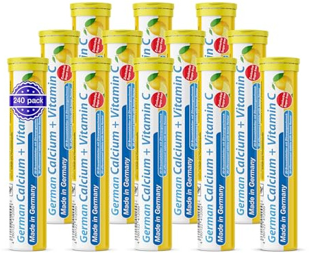 German Calcium + VIT. C - 240 Vegan Drink Effervescent Tablets - Lemon Lime Flavor - Made in Germany