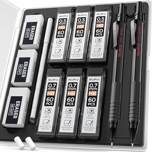 Nicpro 2 Stücke Schwarz Druckbleistifte Set mit Etui, Automatische Metall Mechanische Stifte 0,5 mm & 0,7 mm, 4 Stücke HB Bleistiftminen, 2 Radiergummis für Schreiben, Engineering Zeichnen, Skizzieren
