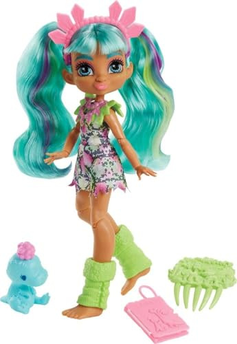Fisher Price Cave Club poupée préhistorique articulée Rockelle aux cheveux turquoise avec figurine bébé dinosaure et accessoires, jouet pour enfant, GWT25