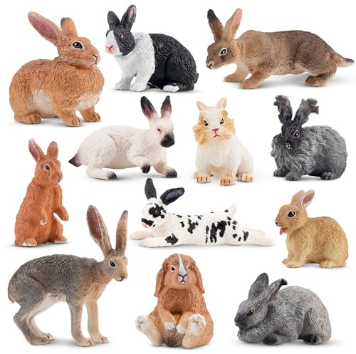 Toymany 12PCS Easter Bunny Figures Toys for Kids, Rabbit Figures Farm Animal Toy for Cake Toppers Party Favors for Toddlers