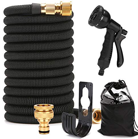 EVERGD Expandable Garden Hose, Upgraded 3-Layer Latex Lightweight Hose Pipe, 3/4&1/2 Solid Brass Connectors, Black No-Kink Flexible Water Hose with 8 Function Spray (100FT)