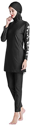 Burkini Damen Muslim Lang Große Größen Muslimische Badeanzug Bademode Islamische Arabische Jilbab Langarm UV Shirt+Badehose+Badekappe Hijab Kopftuch Khimar 3tlg Schwimmanzug Schwarz Blumendruck M