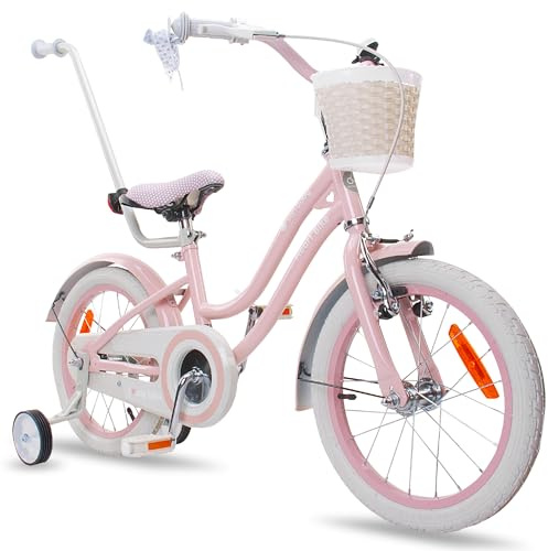 sun baby HEART BIKE Barncykel 16 tum, Cykel för barn 2-6 år, Cykel med stödhjul, pushbar, justerbar sadel och styre (Silver Moon Rosa)