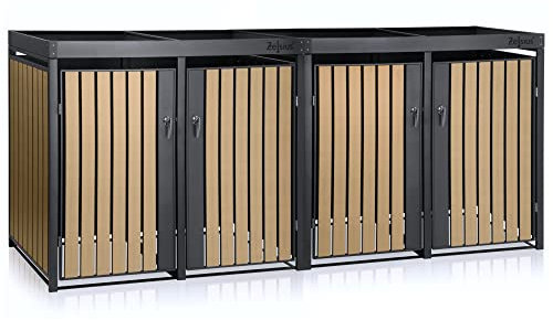 Zelsius Mülltonnenbox 4er mit Pflanzdach für 4 Tonnen | 120-240 Liter | Anthrazit RAL 7016 | Tür in Holzoptik inkl. Erweiterungsmöglichkeit | Aufbewahrungsbox für Mülltonnen, Müllbox