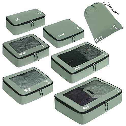 ECOHUB Packwürfel für Koffer, 7 Stück, Reise-Organizer, Packtaschen, recyceltes PET, umweltfreundlich, Reisezubehör, Schuhtaschen für Reisen, Aufbewahrungstasche, Gepäck-Organizer, Reisetasche, Grün