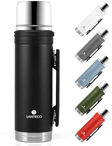 SANTECO Thermoskanne 1L - Thermoskanne mit Trinkbecher für unterwegs - Thermosflasche Edelstahl mit griff - Auslaufsicher Isolierflasche Kaffee & Tee - BPA Frei, für Heiß und Kalt