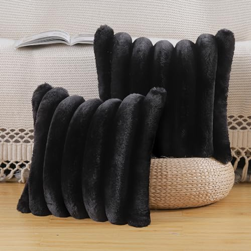 Madizz Juego de 2 A Rayas Fundas de Cubiertas de Almohada de Lana de Lujo Cubierta de cojín Decorativa Suave para Almohada de Dormitorio de sofá Negro 50 x 50 cm