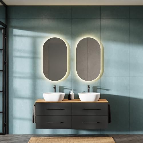 Planetmöbel LUX Badmöbel Set Waschbecken mit Unterschrank | 140 cm, 2 Aufsatz-Waschbecken 42 cm weiß, 2 Spiegel 50 cm (ohne LED) Waschbeckenunterschrank Gold Eiche/Anthrazit