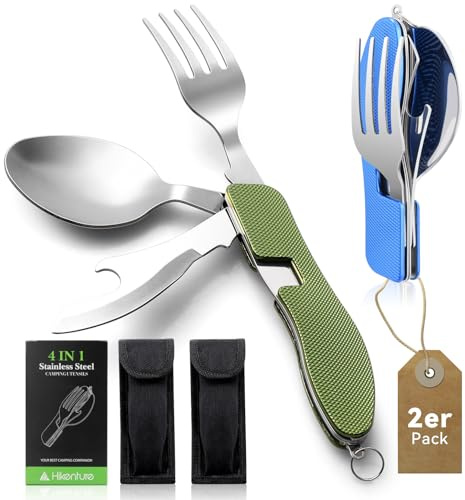 HIKENTURE® Outdoor Campingbesteck Set - Klappbesteck Outdoor Besteck aus Edelstahl mit Gürteltasche - Messer Gabel Löffel Flaschenöffner Set - für Camping und Outdoor (Grün Schwarz Blau Rot)