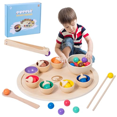 PKKP Montessori Spielzeug ab 1 Jahr, Baby Motorikspielzeug Holz Sortier, Regenbogen Holzkugeln in Tassen, Baby Spielzeug für Vorschule für Farbsortierung und Zählen, Geschenk ab 2 3 4 5 Jahr