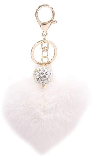 Xsclpomddy Künstliche Kaninchenhaar Flauschigen Liebesherz Pom Pom Schlüsselanhänger Glitzer Kristallstrass Taschen Koffer Rucksäcke Zubehör Charm Auto Schlüsselring für Damen