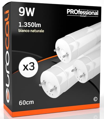 Eurocali 3x Tubo LED T8 9w 60cm Alta Luminosità 1350 lumen Fascio Luminoso 320° - Bianco Naturale 4000K - Sostituzione Neon