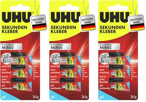 UHU Sekundenkleber blitzschnell Minis gel, 3x original versiegelte Tuben Sekundenkleber gel, 3 x 1 g (Packung mit 3)