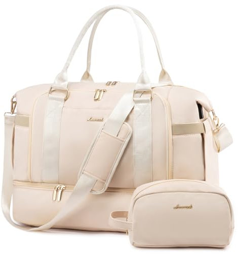 LOVEVOOK Sporttasche Reisetasche Damen, Weekender Travel Bag mit Kulturtasche, Schuhfach & Nassfach, Wasserdicht Overnight Bag Kliniktasche Geburt, Handgepäck Tasche für Gym Reisen Flugzeug, Beige