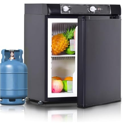 Techomey Frigo Camping car 12V 220V Gaz, 40L, Frigo Trimixte, Réfrigérateur Camping Gaz pour Chalet Cabanon Caravane Fourgon Mobile-Home, Noir