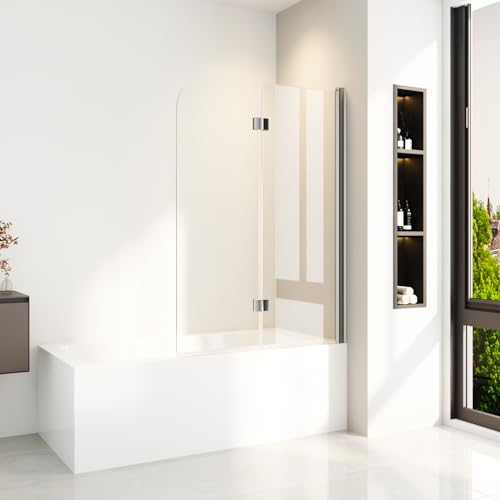 Duschwand für Badewanne 100 x 140 cm 2-teilig Faltbar Badewannen Duschaufsatz Badewannentrennwand aus 6mm ESG Sicherheitsglas mit NANO Beschichtung,Silber