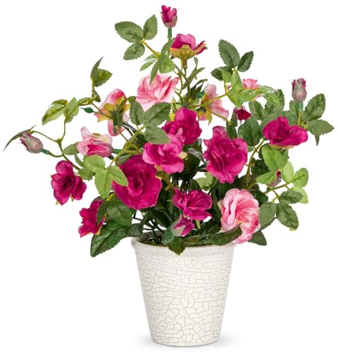 Briful 24CM Künstliche Rose Rote Kunstblumen Wie Echt im Topf, Kunstrosen mit Grünpflanzen für Home Badzimmer Dekor