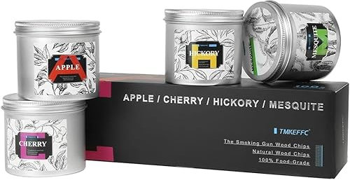TMKEFFC Trucioli di legno per affumicare, perfetti per affumicatori da cucina, trucioli di legno da 4 oz * 4 lattine - 1 mesquite, 1 ciliegia, 1 mela, 1 hickory