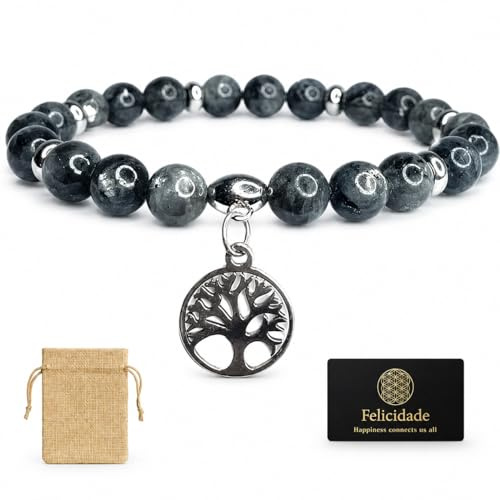Bracelet en Labradorite Foncée Naturelle 8mm avec Pendentif Arbre de Vie – Pochette Artisanale & Carte Fleur de Vie Offertes – Lithothérapie, Méditation & Cadeau Bien-Être – Cadeau Bijou unisexe