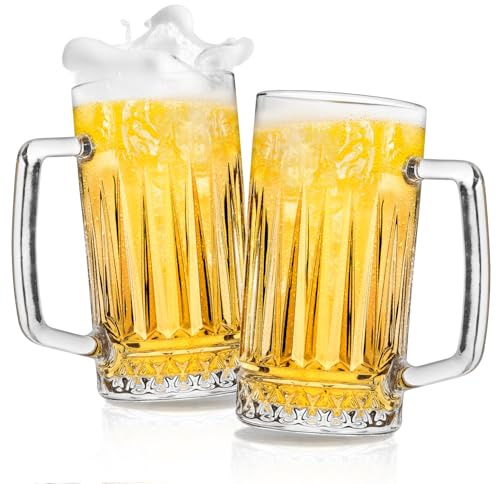 Cambareign Beer Mug Set of 2, 580ml Crystal Beer Glasses with Handle, Large Glass Mugs for Freezer, Gifts for Men, Dad, Father's Day